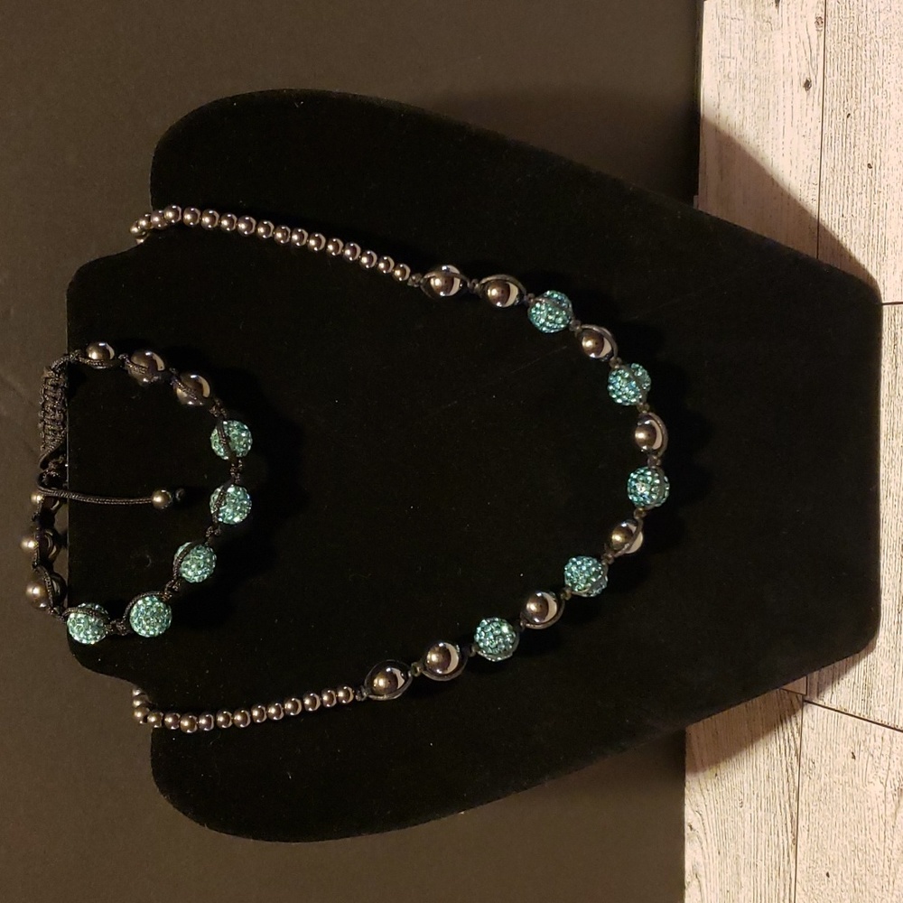 Teal and Black Rhinestone Ball Necklace and Bracelet Set - New